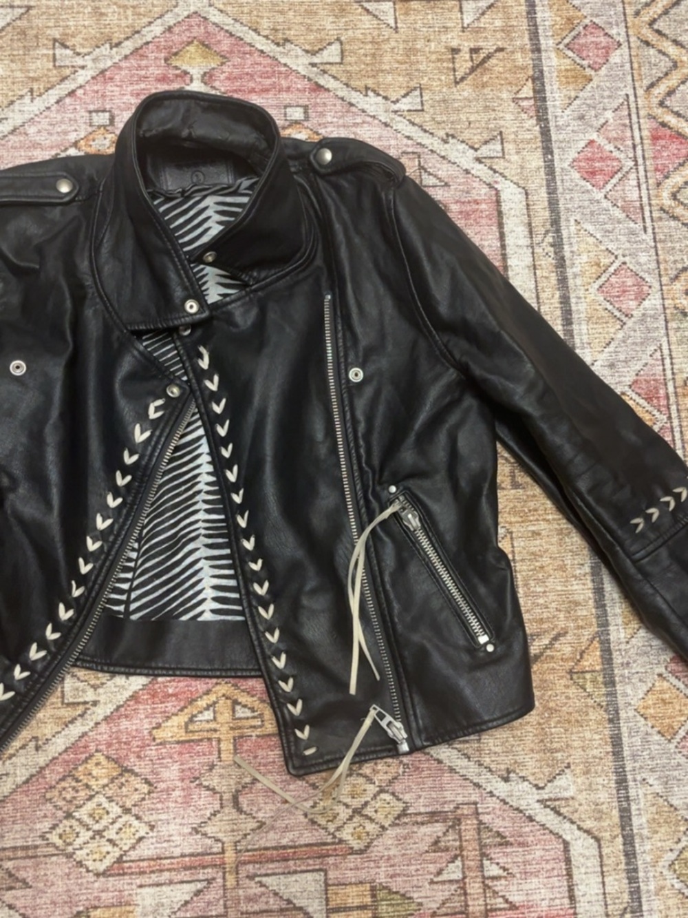Black Faux Leather Moto Jacket with Contrast Lacing